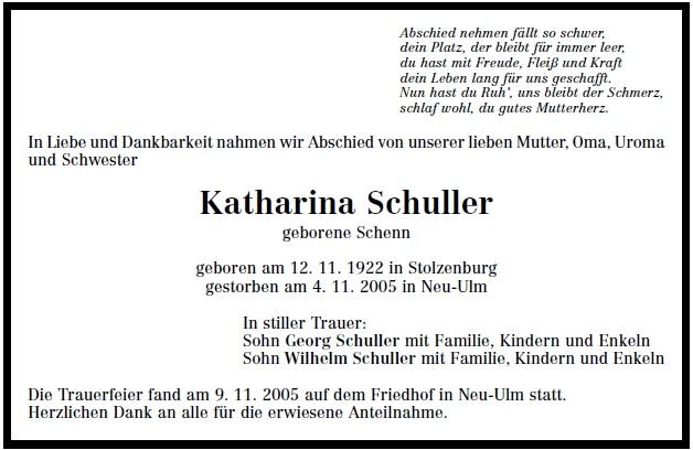 Schenn Katharina 1922-2005 Todesanzeige